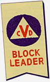 Rectangle badge with "CVD" inside a triangle inside a circle and the words "Block Leader" below.