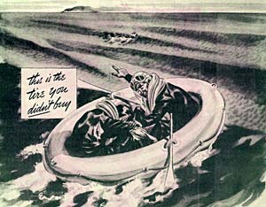 Drawing of 2 men in a little life boat at sea with the sign "This is the tire you didn't buy."