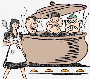 Cartoon of 3 men stewing in a pot and a woman with a spoon standing outside.