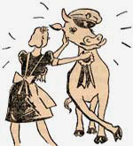Drawing of woman petting cow wearing a blue ribbon.