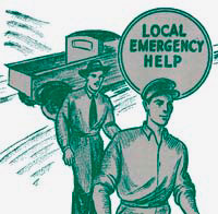 Drawing of 2 men walking away from truck. Text reads "Local Emergency Help"