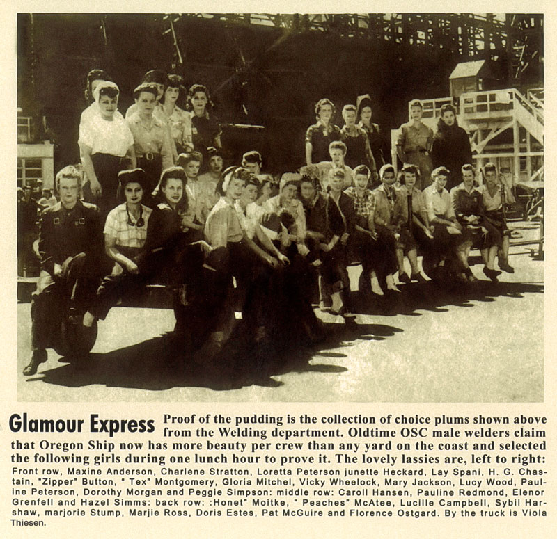 Photo of more than 2 dozen women from the Welding department. Caption reads "Glamour Express"