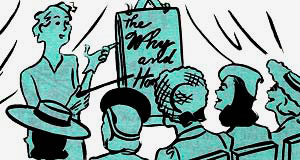 Drawing of woman presenting to a group of people sitting down. Her sign says "The Why and How"
