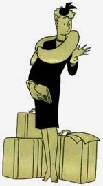 Drawing of stylish lady in dress with many boxes and bags surrounding her.