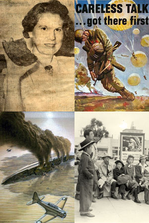 Woman holding fragment of bomb, drawing of man hanging from parachute limp, Drawing of capsized boat, photo of Japanese sitting.
