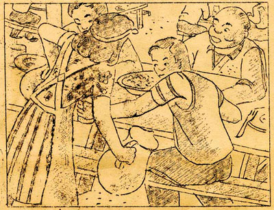 Cartoon drawing of men sitting at long table and woman in waitress outfit bringing a pitcher of liquid.