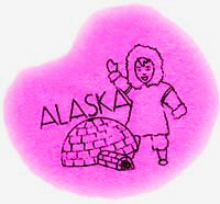 Drawing of eskimo & igloo and the word "Alaska."