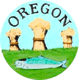 Drawing of 3 wheat sheaves with a fish lying below them on a grassy bank. The word Oregon arches over the top.