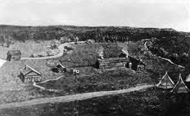 Sketch of Whitman mission shows a large dwelling with several smaller outbuildings and two teepees.