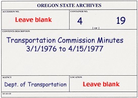 Example of archives box label with transportation commission minutes.