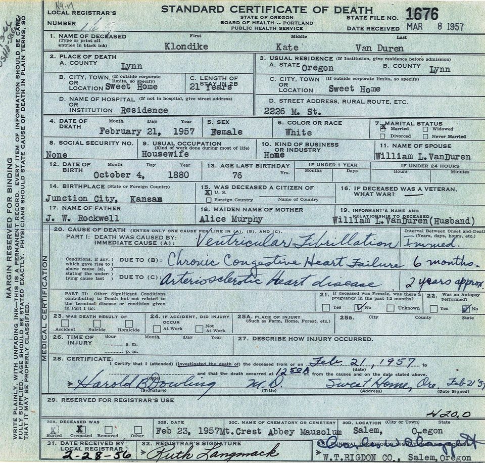Death certificate for Kate Klondike date of death February 21 1957 in Lynn County Oregon.