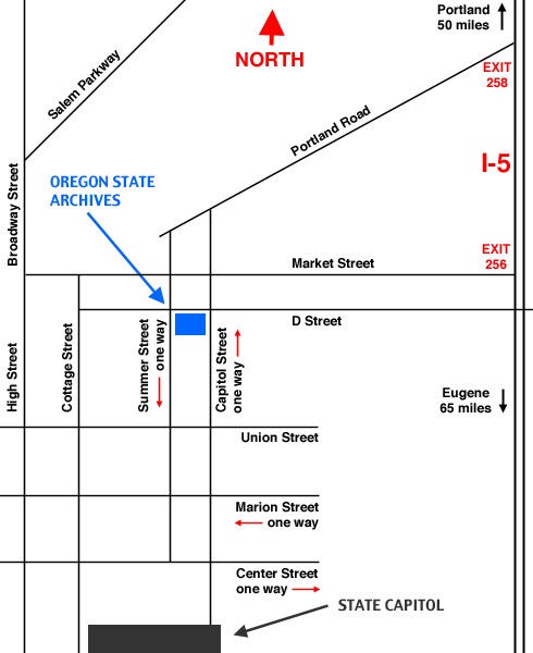 Map of the location of the state archives building between Summer Street and Capitol Street.