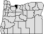 Map of Oregon with section in northwest area blacked out to represent Hood River County.