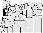 Map of the state of Oregon with Lincoln county on the western side blacked out.