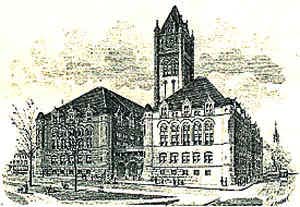 Drawing of the Multnomah courthouse in 1866.