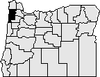 Map of the state of Oregon with Tillamook county in the northwest corner blacked out.