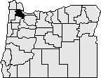Map of the state of Oregon with Washington county in the north western side blacked out.