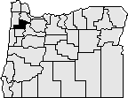 Map of the state of Oregon with Yamhill county on the North western side blacked out.