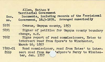 Index card listing Nathan W Allen records of the Territorial Government 1843-1859.