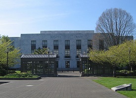 Oregon State Library seen from the Capitol State park in early spring. The trees are just getting green.