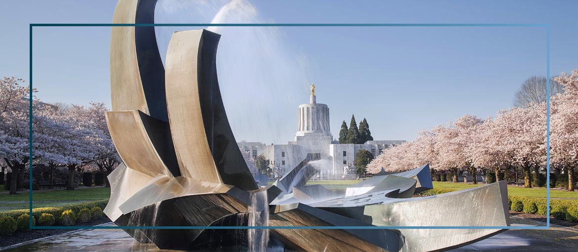   Sculpture in foreground, Oregon State Capitol in background