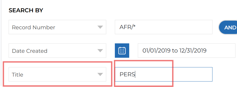 Screen shot of filter in ORMS using the title of PERS.