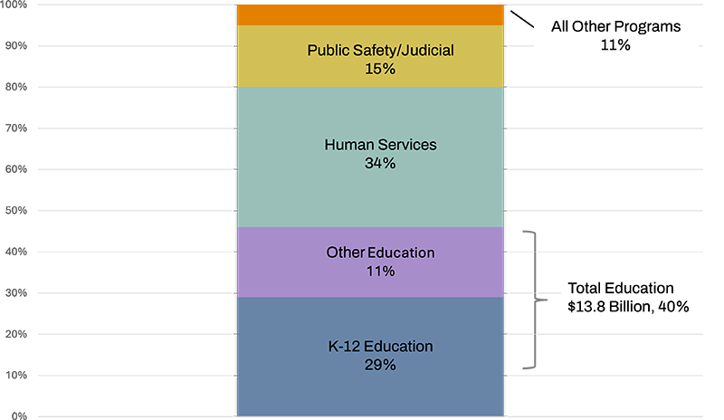 Chart shows 15% Public Safty/Judicial, 34% Human Services, 11% Other Education, 29%K-12 Education, 11% all other programs.