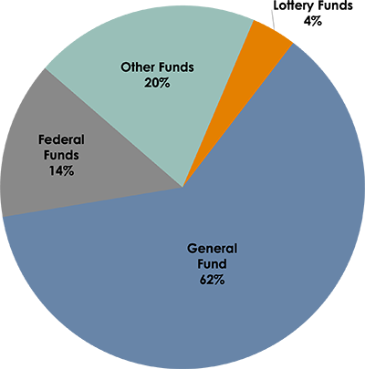 A pie chart displaying the breakdown of funds into four categories. The largest segment is General Fund at 62%, followed by Other Funds at 20%, Federal Funds at 14%, and the smallest segment is Lottery Funds at 4%.