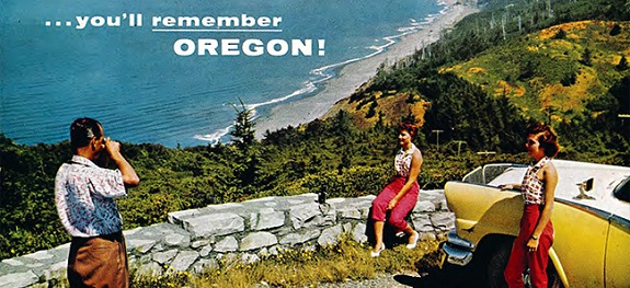 Oregon Highway Department 1958 Tourism Promotion Campaign drawing of man taking photo of women at viewpoint