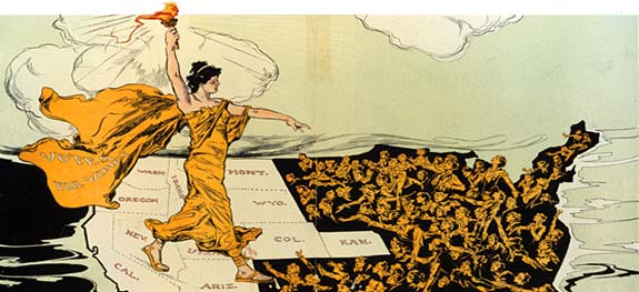 Drawing of a woman as the statue of liberty with a torch held high walking over the western states to the east. 