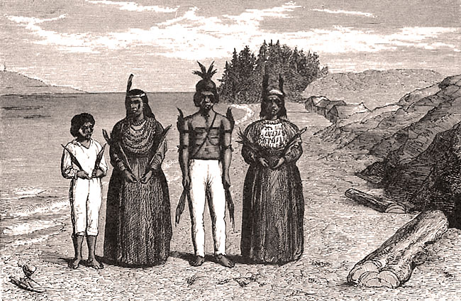 Engraving of 4 Native Americans standing on a beach.