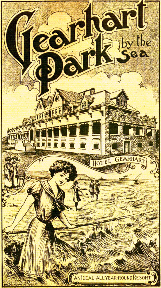 Drawing of Hotel Gearhart with women walking on beach in front. Banner at bottom reads "An ideal all-year-round resort."