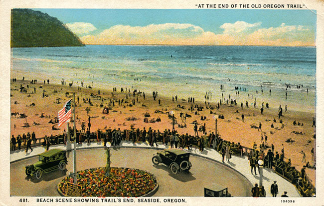 Color drawing of beach scene with crowds of people on the beach, a round about drive with a few cars along a sidewalk. 