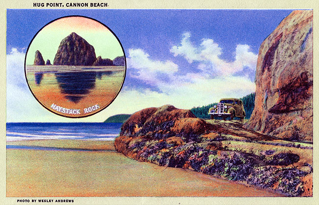 Colored drawing of a car on a rocky road running along the beach.  The likeness of Haystack Rock featured in a circle to left. 
