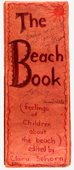 Book cover drawing with a sun in the upper right. Written is "The Beach Book" & "Feelings of children about the beach"