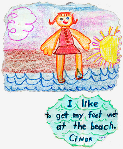 A child's drawing of herself at the beach. Printed below the drawing: "I like to get my feet wet at the beach. Cinda age 6"
