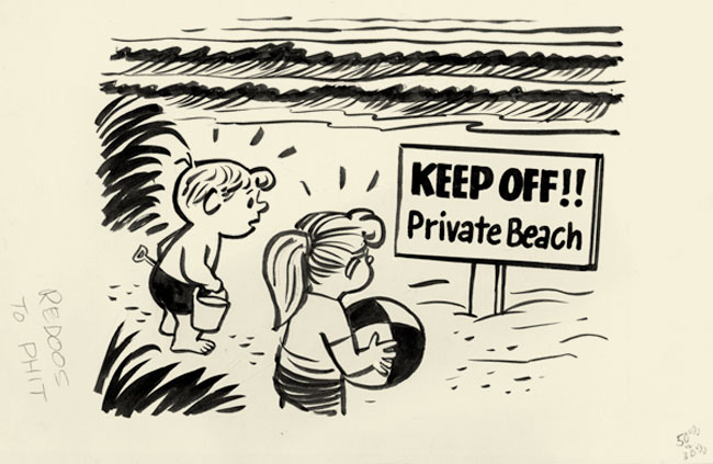 Cartoon of kids with beach toys standing in front of sign on beach that says "Keep Off!! Private Beach"