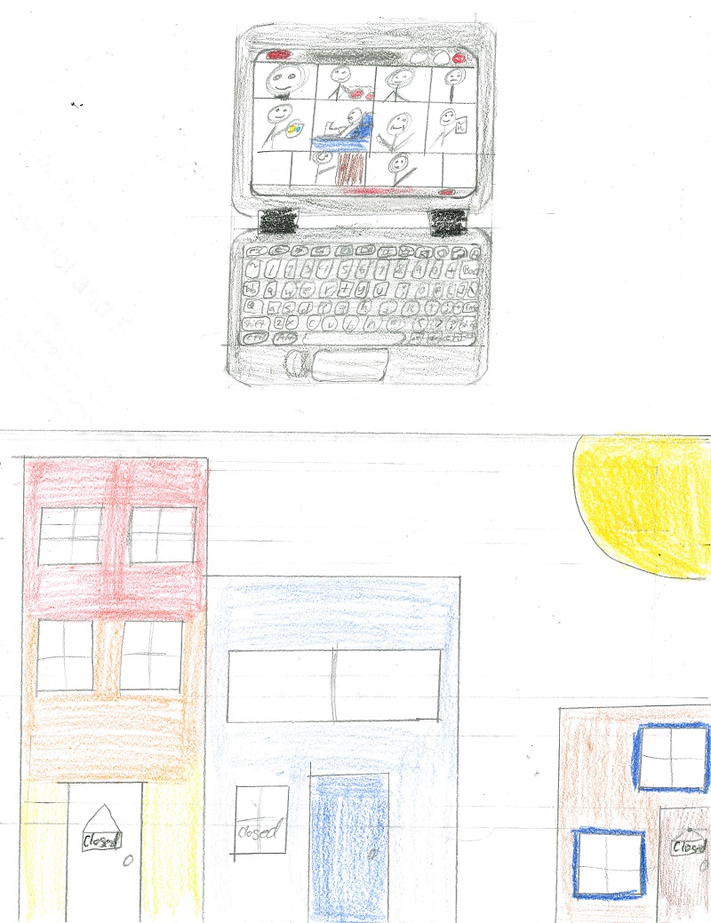 Drawing of a laptop with a zoom call going on. Below, a drawing of buildings with closed signs.