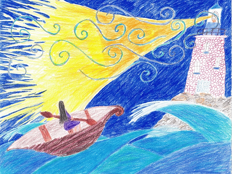 Drawing shows a girl in a boat on the ocean gazing out at a light house on the shore.