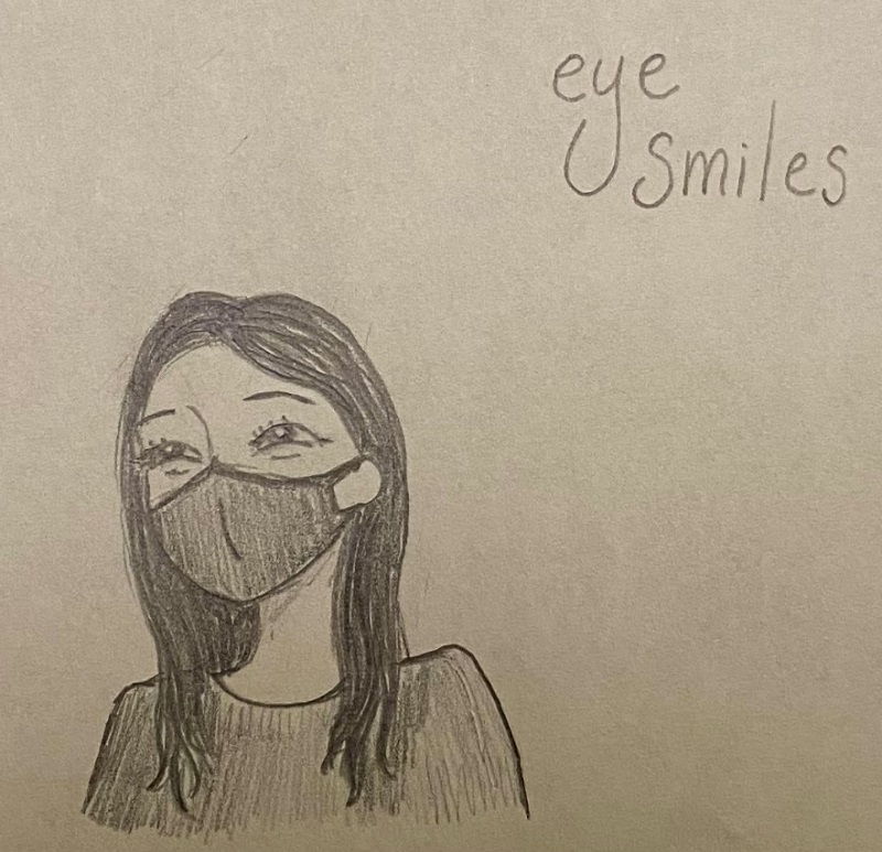 Drawing of young person wearing mask and eyes are indicating a smile.