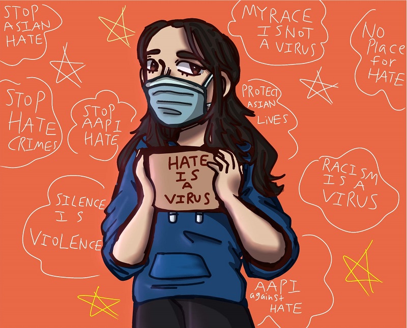 Drawing of young person wearing a mask holding a sign that says Hate Is A Virus.
