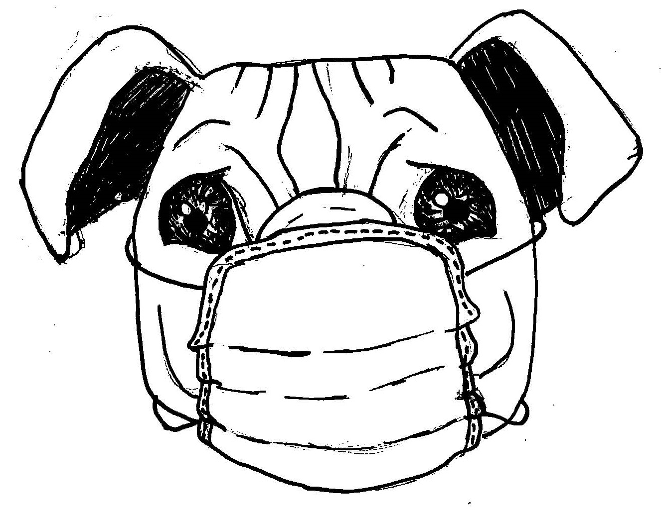 Drawing of a dog with a face mask on.