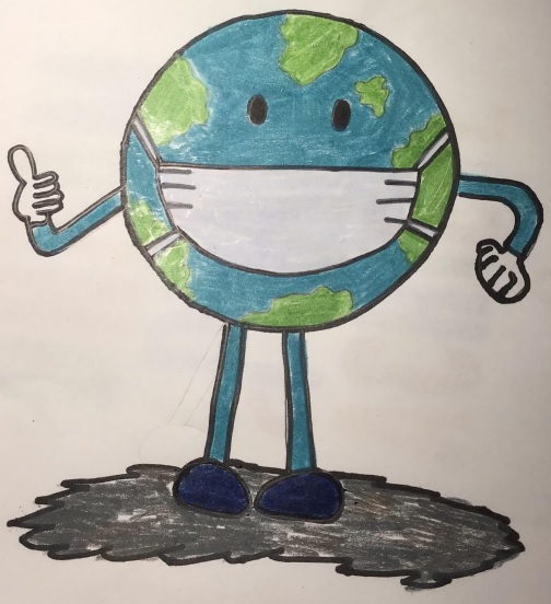 Drawing of a cartoon style earth planet with legs, arms and giving a thumbs up. The planet wears a mask.