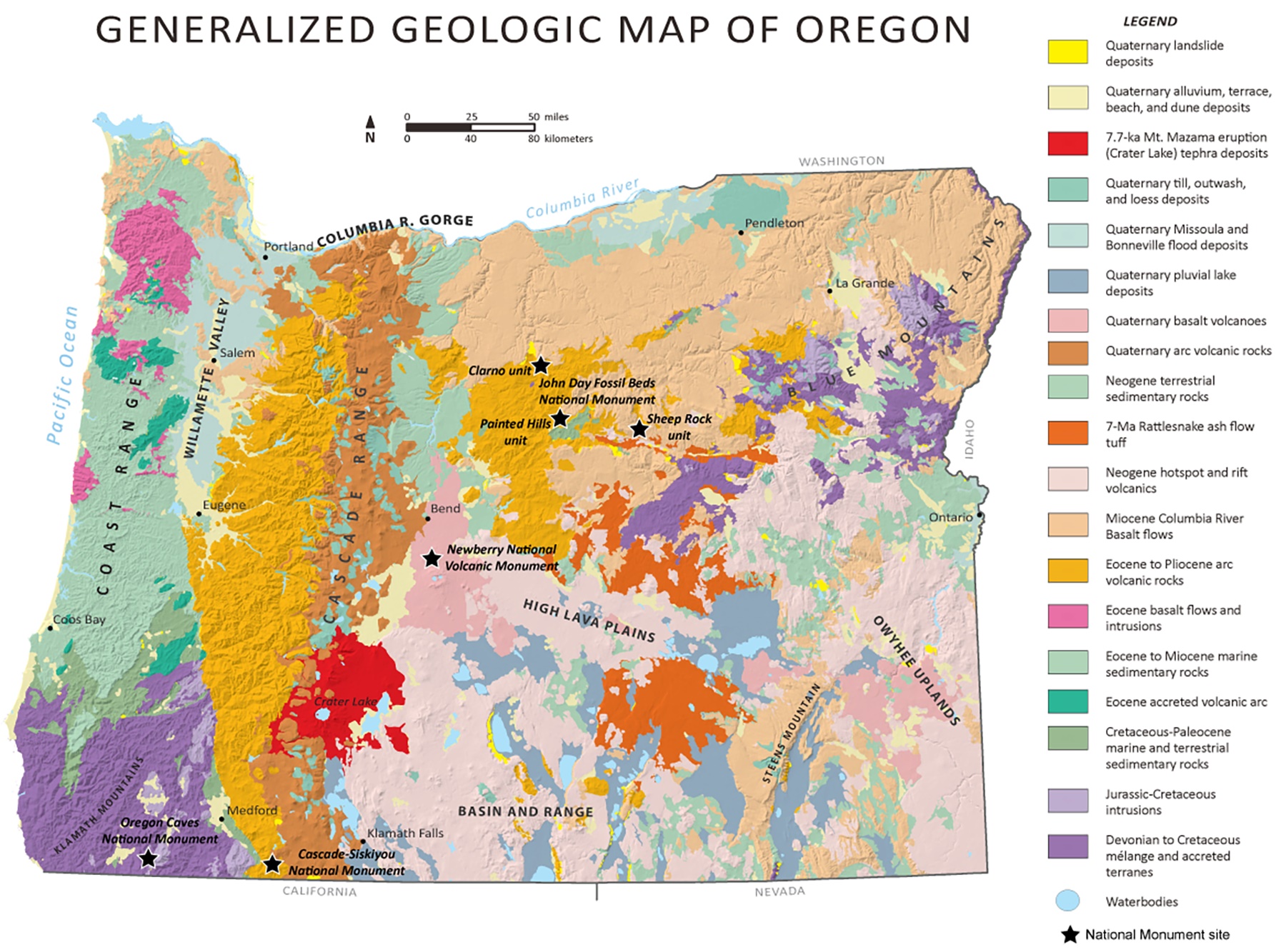 Generalized geologic map of oregon shows landslide deposits, flood deposits, terrestrial sedimentary rocks, volcanic rocks