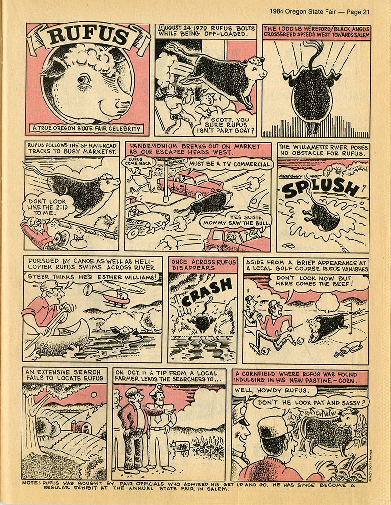 A cartoon shows the exploits of Rufus the Bull
