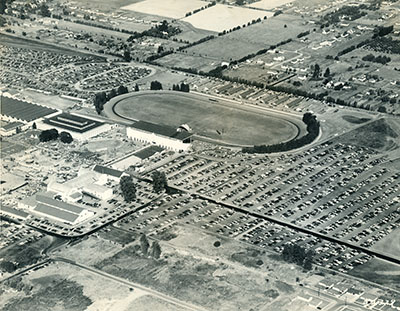 An aerial view of the race track and State Fair