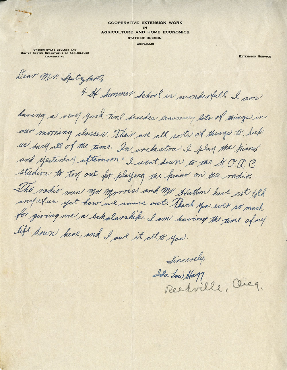 A letter from Ida Lou Hagg to Leo Spitzbart