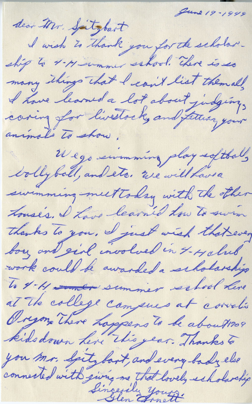 A letter from Glen Arnett to Leo Spitzbart
