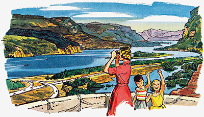 Drawing of woman looking through binoculars at scenery and 2 children waving.