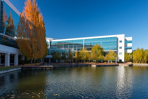Modern 4-story building on the bank of a pond. Trees with fall colors along the sidewalk in front.